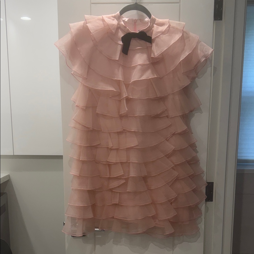 macgraw Blush Pink Layered Ruffle Dress with Black Bow